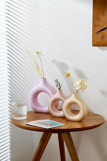 Modern Donut-Shaped Decorative Vases, Handmade Minimalist Boho ins Style, Modern Vase for Home Decor for Wedding Dinner Table Party Living Room Office Bedroom (Purple-Gold, Large)