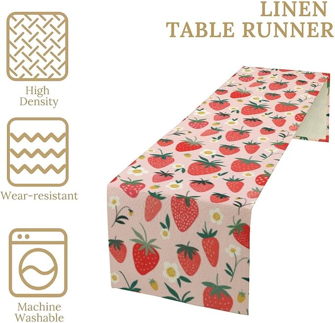 Strawberry Table Runner, Spring Summer Fruit Birthday Party Decoration Dining Room Home Kitchen Table Decor 13 x 36Inch