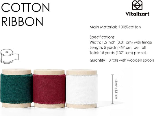 Vitalizart Christmas Ribbon 1-1/2" x 15 Yd 100% Cotton Handmade Frayed Fringe Fabric Ribbons for Gift Wrapping Wedding Invites Bridal Shower Bouquets Christmas Decorations