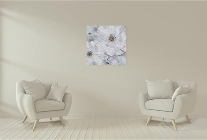 SYGALLERIER White and Gray Flower Blooms Wall Art - Handcrafted Floral Canvas with Gold Foil Embellishments Modern Flower Wall Decor for Livingroom Bedroom Bathroom 40X40
