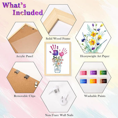 DIY Birthday Gifts for Grandma and Mom Flower Bouquet Handprint Craft Kit, Unique Gifts for Grandma Mom Mimi Nana, Thanksgiving 12" x 16", 2 Art Papers, Wood Frame