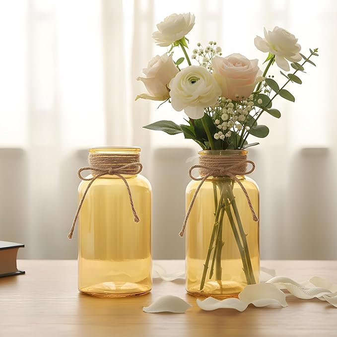 Vintage Glass Flower Vase，6 Pack Gold Amber Farmhouse Glass Centerpiece Vases Mason Jars for Weddings, Parties & Home Decor Bulk (6, Gold)