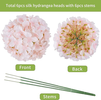 DuHouse Silk Hydrangea Artificial Flower Heads with Stems Fake Hydrangeas Flowers for DIY Wedding Centerpiece Home Decor,Pack of 6 (Baby Pink)