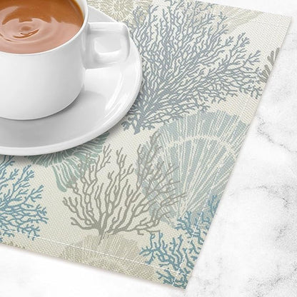 Nautical Beach Placemats Ocean Starfish Seashell Coral Art Printed Dining Table Mats Set of 4 for Restaurant Home Kitchen Holiday Picnic Party Decor 12x18in