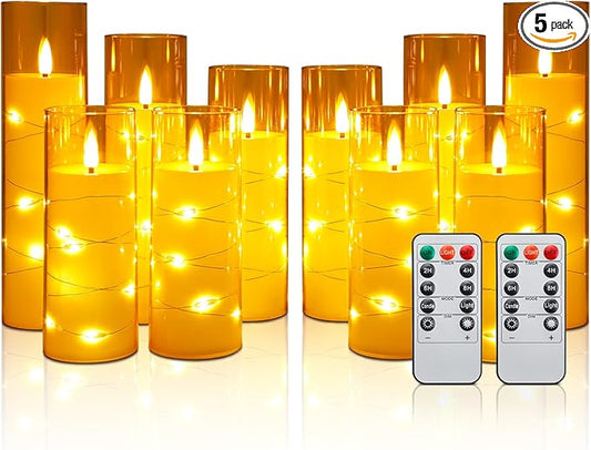 Enido Gold 10 Pc Flameless LED Candles with Remote Acrylic Shell Set Battery Operated, Flickering Electric Lights with Embedded Star String for Cozy Home, Good Holiday Romantic Decor