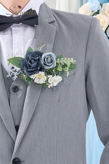Serwalin Dusty Blue Corsage and Boutonniere Set 2pcs, 6-7inch Boutonniere and Wrist Corsage Wristband Prom Flower Wedding Flowers Accessories Prom Suit Decorations Cake Tppper