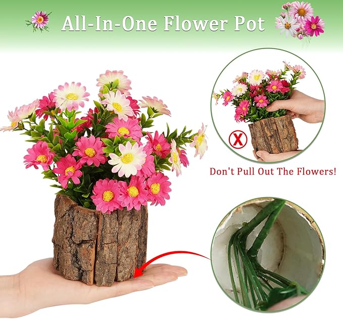 Artificial Flowers Fake Silk Hornwort Flower in Planters Flower Vase Small Rustic Potted Flower Arrangements Artificial for Home Outdoors Tabletop Decor Set of 2 (Pink1)