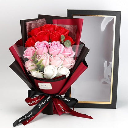 Roses Bouquet Artificial Flower - Preserved Red Rose Flowers with Love Necklace for Her Unique Gift for Birthday, Valentine's Day, Mother's Day, Thanksgiving, Christmas, Anniversary (Pink and Red)
