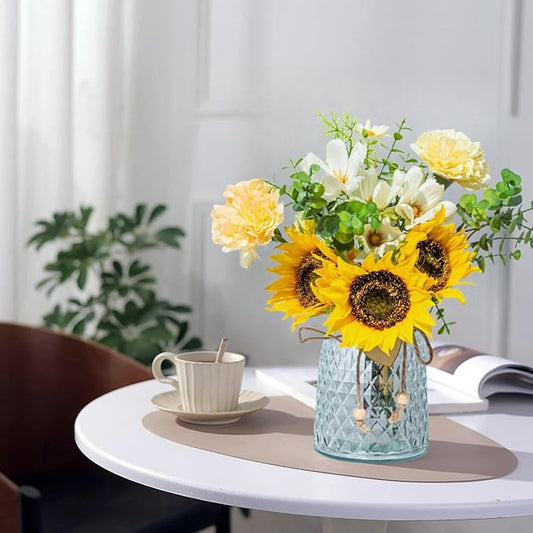 Artificial Flowers with Glass Vase, Fake Flower Bouquet Faux Sunflower in Vases for Home Dcor Flowers Modern Home Decor Table Decorative Flower Vase for Dinner Office Bedroom, Yellow