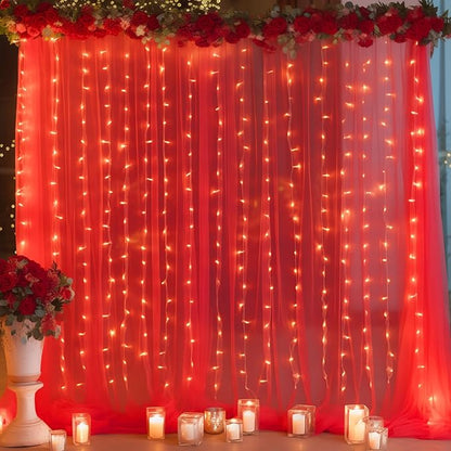 30ft x 10ft Red Backdrop Curtain with Lights String for Parties, Sheer Tulle Wedding Photo Backdrops Drapes for Baby Shower Birthday Party Decorations Background for Photography