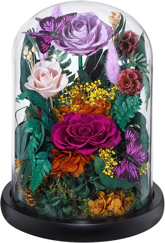 Preserved Rose with Butterfly, LED Forever Flowers in Glass Dome, Eternal Flowe for Women, Birthday Gifts for Mom Friend, Includes Greeting Card & Luxury Gift Box (Purple)
