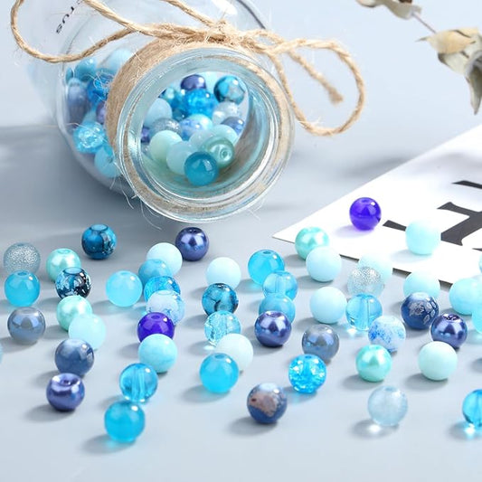 DUQGUHO 8mm Blue Beads for Jewelry Making Blue Glass Beads for Crafts Crystal Glass Round Beads Bulk Bead Bracelet Kit 360PCS