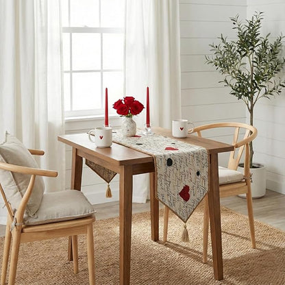 Tache Romantic Cursive Handwritten Love Letter Valentine Hearts Beige Table Runner - Vintage Farmhouse Woven Tapestry Kitchen Dining Dinner Linen Napery Cloth - 13 x 54 inches
