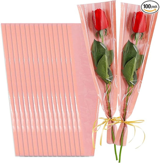BEISHIDA 100 Pcs Single Rose Sleeve Bouquet Bags Kraft Paper Flower Bouquet Wrapping Paper Clear Single Flower Sleeve Rose Packaging For Mother's Day,Wedding,Valentine's Day(15.7 X 4.7in-Pink)