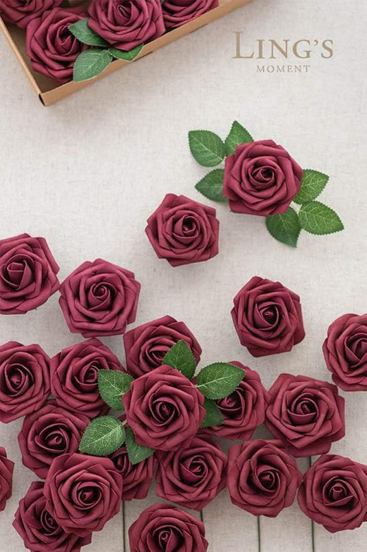 Ling's moment Artificial Flowers 25Pcs Burgundy Roses Decor w/Stems,3" Real Touch DIY Foam Floral for Wedding Bouquet/Centerpieces, Outdoors Party Backdrop, Room/Table, and Garden/Pot Decorations