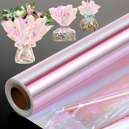 Seajan 32 in x 200 ft Iridescent Cellophane Wrap Roll, Rainbow Wrapping Paper Holographic Cellophane Wrap for Baskets Flower Bouquet DIY Treats Christmas Gifts Wrapping (Red Iridescent)
