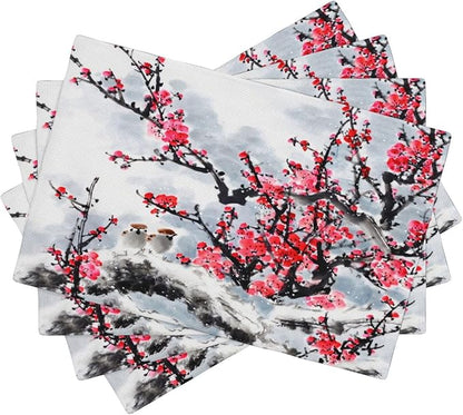 Ink Painting Cherry Blossoms Placemats Set of 4,Vintage Chinese Art Ink Painting Flower Linen Placemats Decoration for Family Dinners, Party, Holidays, Gathering 4 PCS
