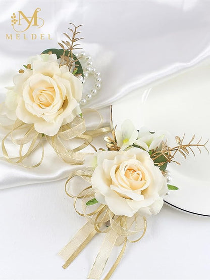 Meldel Champagne Corsage and Boutonniere Set,Boutonniere for Men,Groomsmen and Groom Boutonniere for Wedding,Rose Wrist Corsages Bracelets for Mother of Bride,Bridesmaids,Girls,Women,Prom,Homecoming