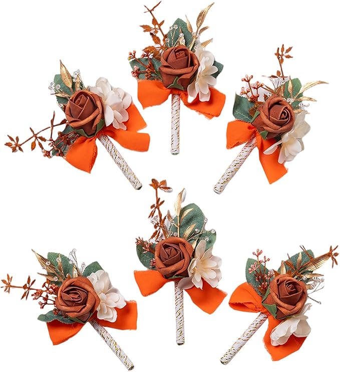 Meldel Terracotta Boutonniere for Men Wedding, Set of 6, Groom and Best Man Boutonniere, Guest Rose Boutonniere for Wedding Prom Homecoming Ceremony Anniversary Party, Burnt Orange