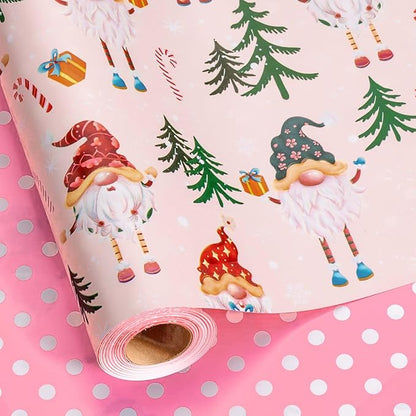 MAYPLUSS Christmas Wrapping Paper - 17 Inch X 33 Feet - Metallic Gift Wrapping Paper Christmas Tree Holly Cute Gnome Candy Cane Snowflakes Reversible Polka Dot for Holiday Party New Year Kids