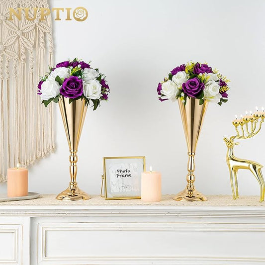 NUPTIO Tabletop Metal Wedding Flower Trumpet Vase Table Decorative Centerpiece Artificial Flower Arrangements for Anniversary Ceremony Party Birthday Event Aisle Home Decoration (10 x M, Gold)