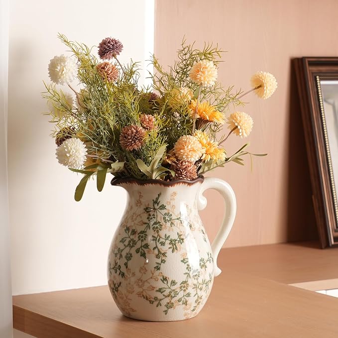 Vintage Ceramic Vase - 8.2 Inch Hand-Painted Flowers with Ice Crackle Glaze Finish, American Farmhouse Style Pitcher Vase for Home Decor, Centerpiece, Shelf, Table, Office