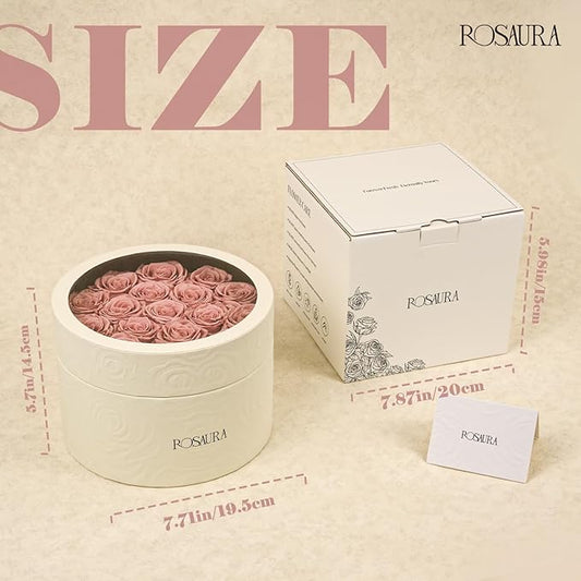 Rosaura Round Preserved Roses Gift Box - Real Forever Flowers for Birthday, Valentine's & Mother's Day (Cappuccino, 17 Roses)