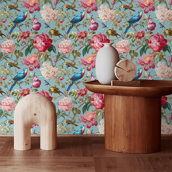 Vintage Pink Blue Peony Floral Birds Peel and Stick Wallpaper Easy Peel Off Contact Paper Stick on Adhesive Wall Paper for Bathroom Waterproof Renter Friendly