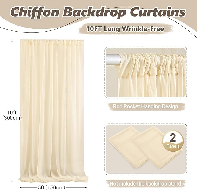 10ft x 10ft Champagne Backdrop Curtains, Wrinkle-Free Sheer Chiffon Fabric Photo Backdrop Drapes for Wedding Arch Party Ceremony Stage Photography Decorations