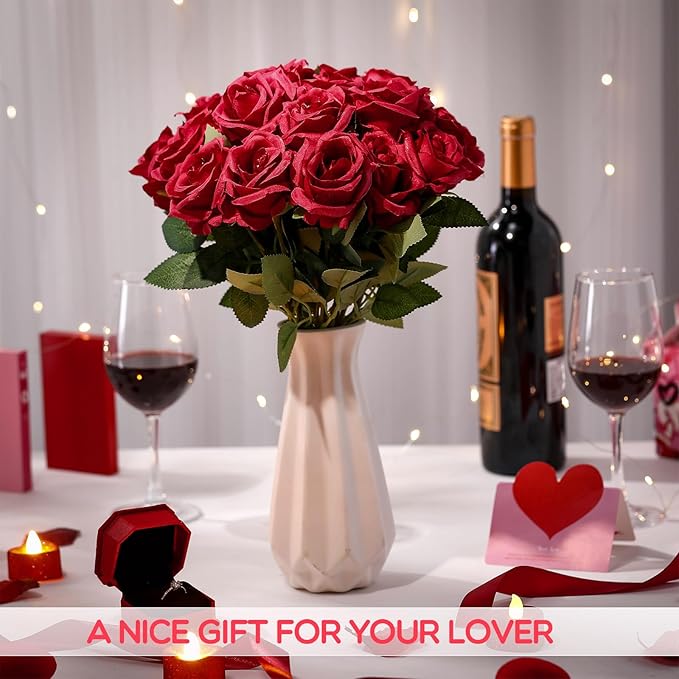 Hotop 120 Pcs Roses Artificial Flowers in Bulk,Long Stem Artificial Flower Bouquet,Silk Real Touch Fake Rose for Wedding Party Table Centerpieces Decor Valentines Gifts(Wine Red)