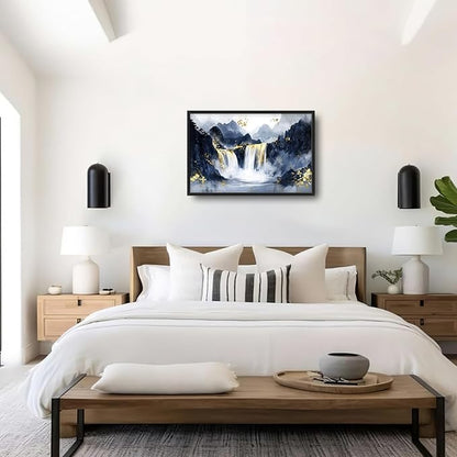 Extra Large Abstract Golden Waterfall Framed Wall Art for Living Room,Oversized Foggy Mountain Pictures Wall Decor,Canvas Print Painting Modern Artwork Bedroom Office Bathroom 36L x 24W
