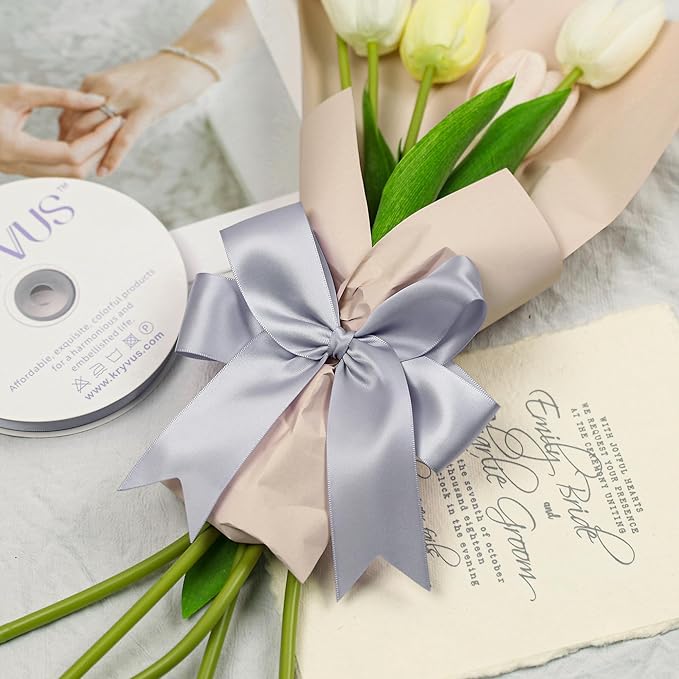 Gray Satin Ribbon, Double Faced 1-1/2 Inch X 25 Yards Gray Ribbon, Premium Satin Ribbon for Gift Wrapping, Crafts, Hair Bow Making, Sewing, Flower Bouquet, Wedding Party Decor
