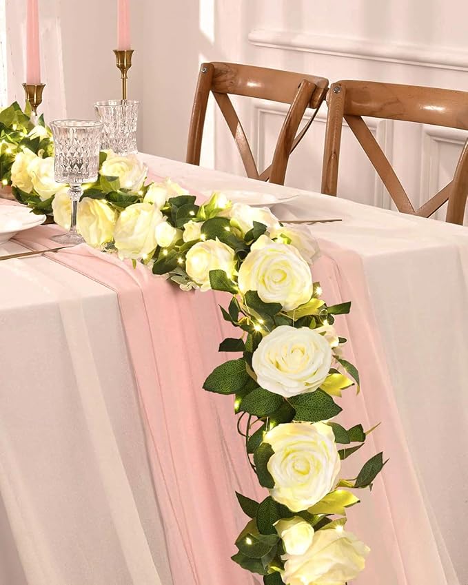 2 Pcs Flower Garland with 19.6 Ft Lights, 13.2 Ft White Floral Garland Fake Flowers for Wedding Arch Party Wall Garden Room Decor
