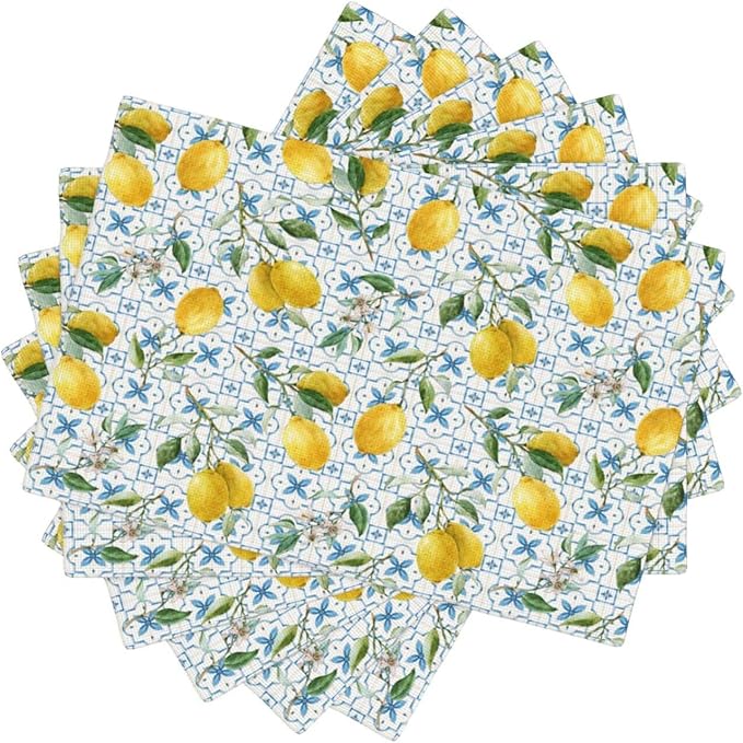 Lemon Linen Placemats Set of 6 Summer Fruit Print Heat Resistant Table Mats for Home Party Indoor Holiday Kitchen Dining Room Decor 12 x 18 Inch