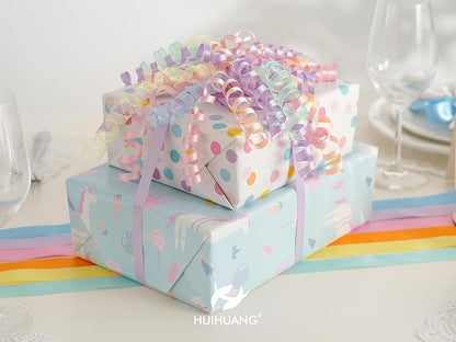 HUIHUANG Pastel Bows for Gift Wrapping 7" Pastel Rainbow Curly Gift Bow Self Adhesive & Twist Tie Ribbon Bows for Presents Gifts Easter Baskets Baby Shower Party Favors- 6 Counts