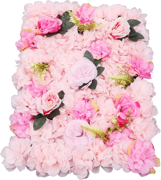 Flower Wall Panel Set,Artificial Wall Flower Backdrop,12 Pcs 23.62 * 15.74in3D Silk Hydrangea Rose Floral Panel,Faux Roses Artificial Flower Backdrop for Wall Decor (12PCS Light Pink)