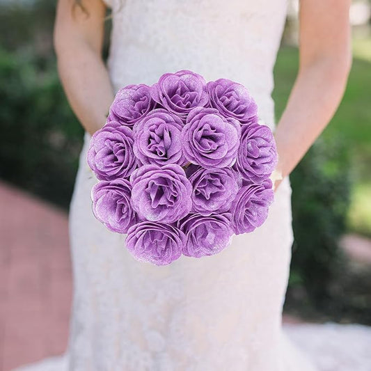 30PCS Purple Glitter Roses Artificial Flowers Fake Roses with Stems for Wedding Bouquet Party Christmas Home Decor(Purple)