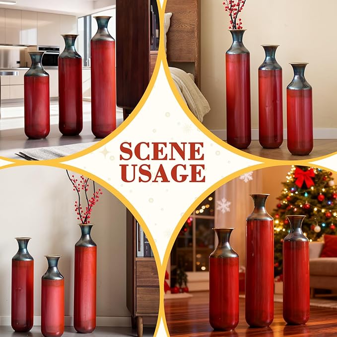 Floor Vases, Tall Home Decor Metal Vase Set of 3 Large Glazed Decorative Vases for Wedding Decor, Elegant Modern Flower Holder for Living Room, Entryway, Hallway, Dining Room