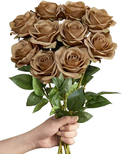 LFF 10pcs Silk Roses Artificial Flowers Fake Long Stem Roses for DIY Wedding Bouquet Home Decoration (Coffee)