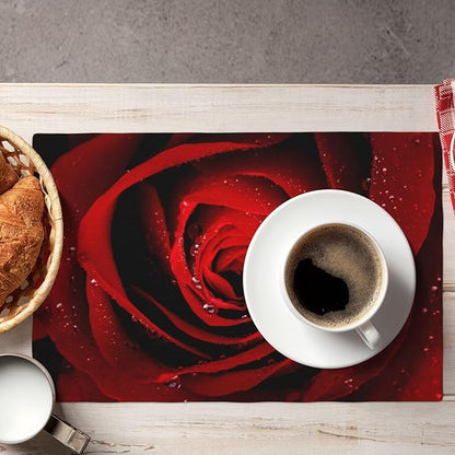 Red Rose Linen Table Placemats Set of 6 Romantic Floral Art Placemat Indoor Outdoor Party Home Desktop Kitchen Dining Room Decoration 12x18 Inch