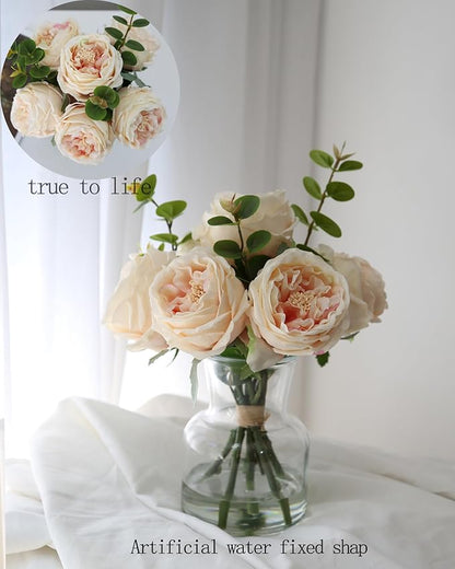Lifelike Artificial Champagne Roses in Vase - Eternal Table Centerpiece for Dining Room & Kitchen Decor - Faux Flower Arrangement with Realistic Petals