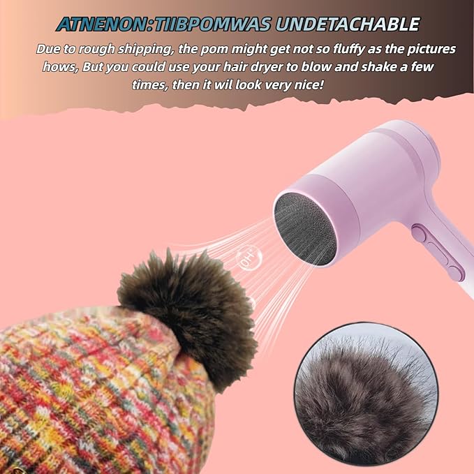 FENELY Women's Knitted Warm Beanie Winter Hat, Warm Chunky Snow Hat with Pompom