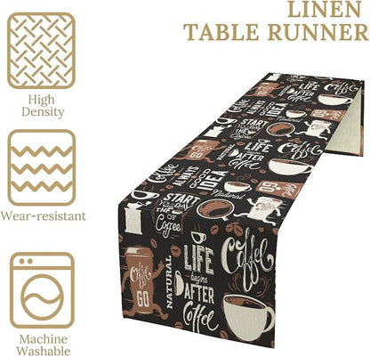 Coffee Theme Table Runner Coffee Time Retro Black Dress Scarves Farmhouse Dinner Runner for Kitchen Dining Coffee Table Decoration Cabin Home Holiday Party 13x36in