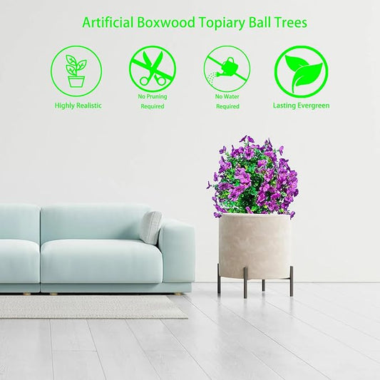 2 Pcs Artificial Boxwood Topiary Ball Trees - Purple 23" with Ground Spike, Weather Proof UV Resistant Faux Greenery Shrubs Bushes for Porch, Garden, Front Yard Decor, Indoor/Outdoor Planters
