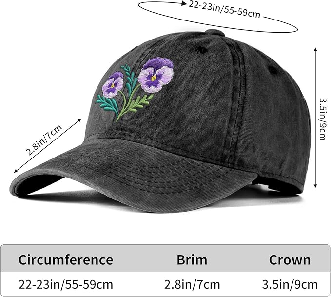 Cute Flower Hat, Elegant Floral Embroidered Adjustable Baseball Cap for Men Women, Gifts for Flower Lovers, Black