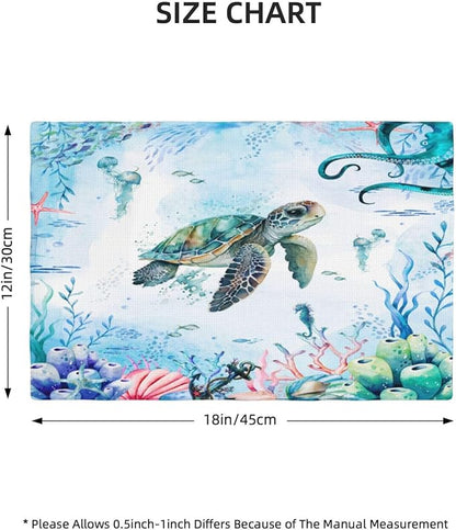 Turtle Ocean Placemats, Cartoon Blue Watercolour Ocean Coral Shell Seahorse Octopus Starfish Animal Print Washable Fabric Placemats Table Kitchen Dining Party 12x18 Inch Set of 4
