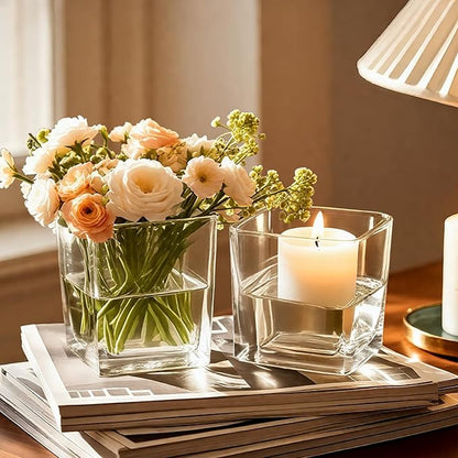 CONNOO 9 Pack Square Glass Vase 4" x 4" x 4", Clear Bulk Flower Vases for Centerpieces, Square Glass Cube Vase Floating Candle Holders for Wedding Party Home Decor
