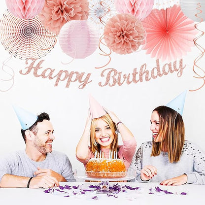Pink White Rose-Gold Birthday Party-Decorations - 21pcs Happy Banner, Paper Lanterns,Tissue Pom Poms Flower Fan,Honeycomb Ball,Swirl Streamers Garland Supplies Decor Girls Women Huglony