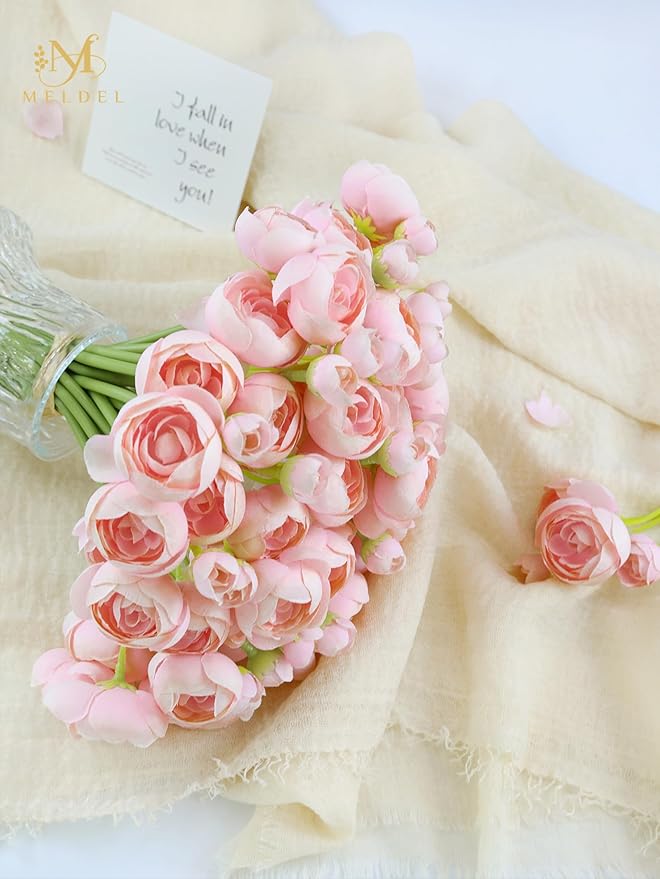 Meldel 32Pcs Ranunculus Artificial Flower, Faux Silk Mini Pink Ranunculus Flowers for DIY Bouquet, Bulk Fake Peony Wedding Filler Flowers for Centerpieces Arrangements Bridal Shower Decorations
