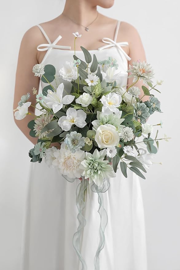 Artificial Flowers Heads Combo White Green Flowers Mix Silk Flowers Dahlia Roses for Graduation Cap DIY Cake Wedding Party Floral Arrangement Table Centerpieces Home Decorations